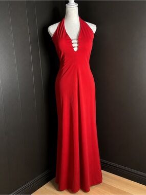 Morgan & Co. Red Halter Maxi Dress with Decorative Front Rings
